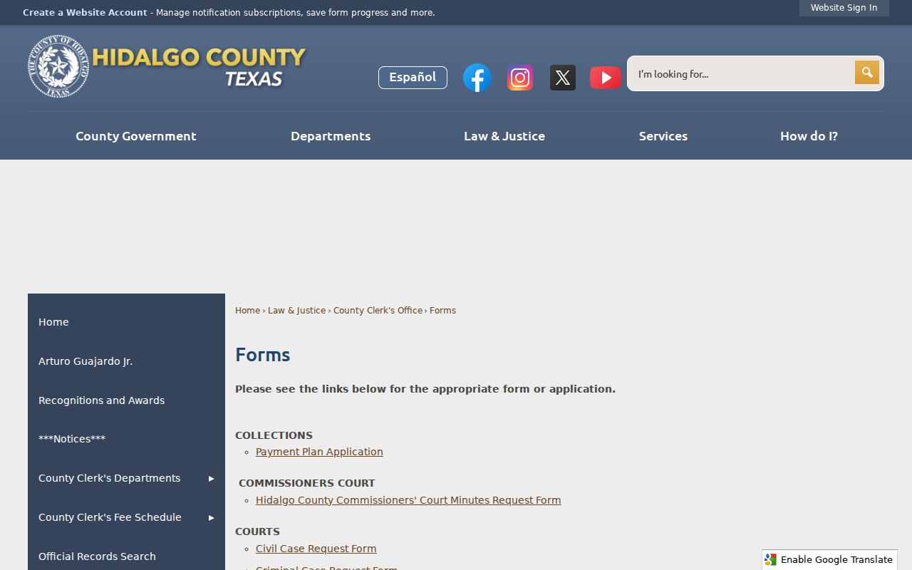 Hidalgo County previous residents County Clerk forms and grantor grantee records